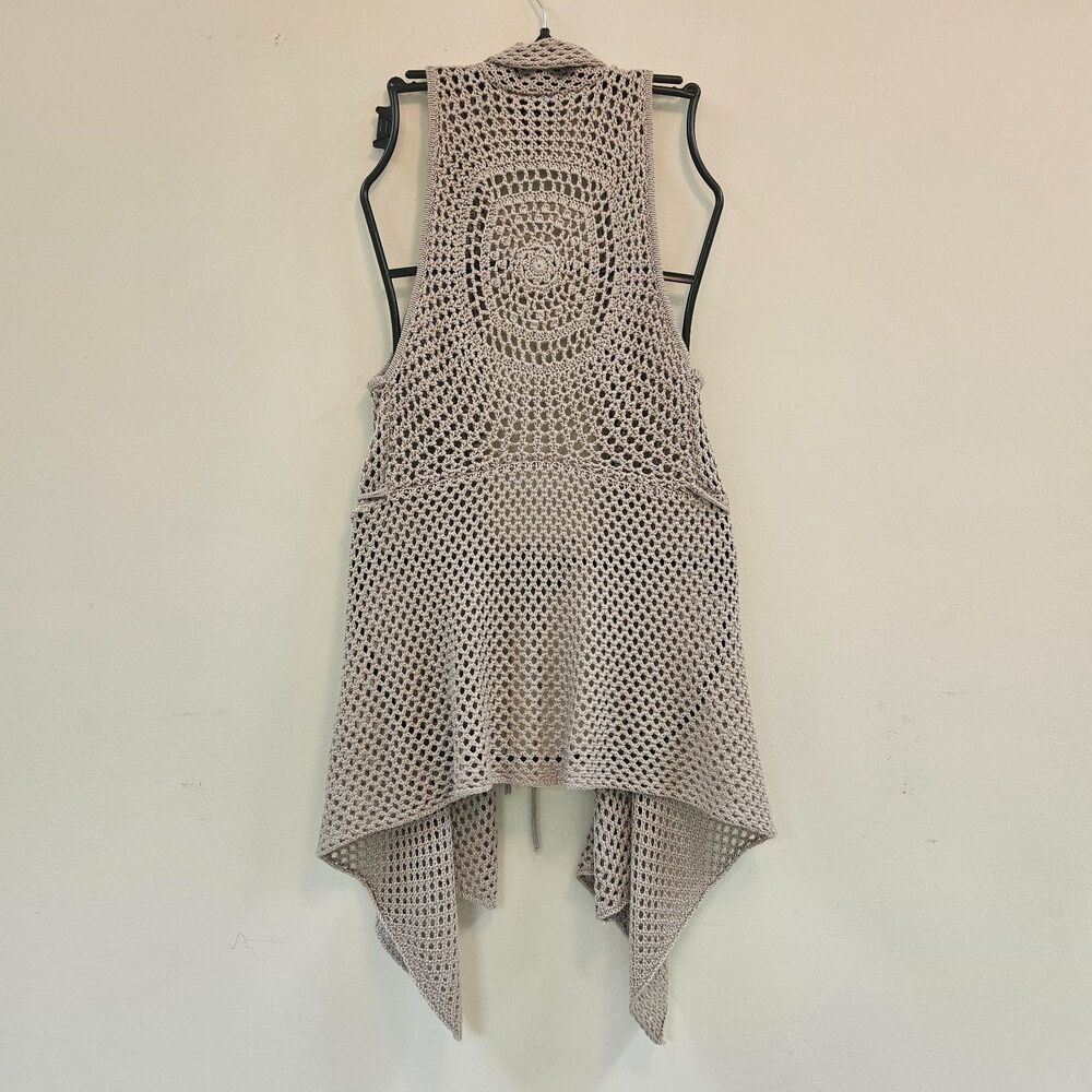 Hooked Up Beige Open Front Crochet Sleeveless Cardigan Top Sz S Boho Hippie